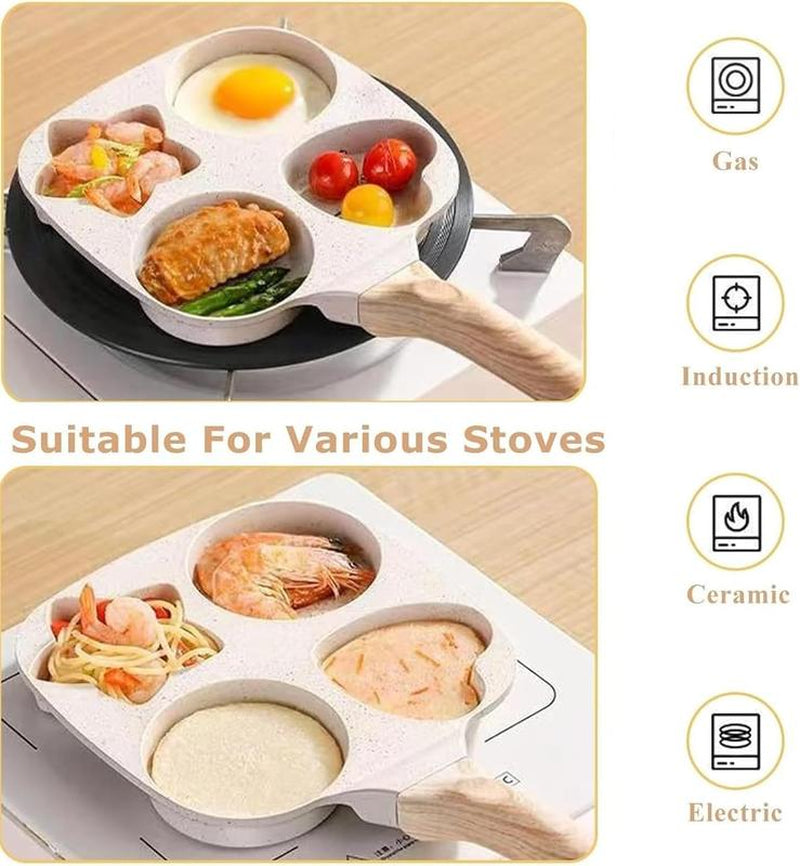 Non-Stick 4-Hole Star Egg Pan Cookware, Granite-Style Pancake Skillet with Wooden Handle, Small Frying Pan for Eggs, Omelets, Toast, Pancakes, Crepes, Sandwiches, Breakfast, Easy Clean, Kitchen Gadget, Multifunctional, Birthday Gift