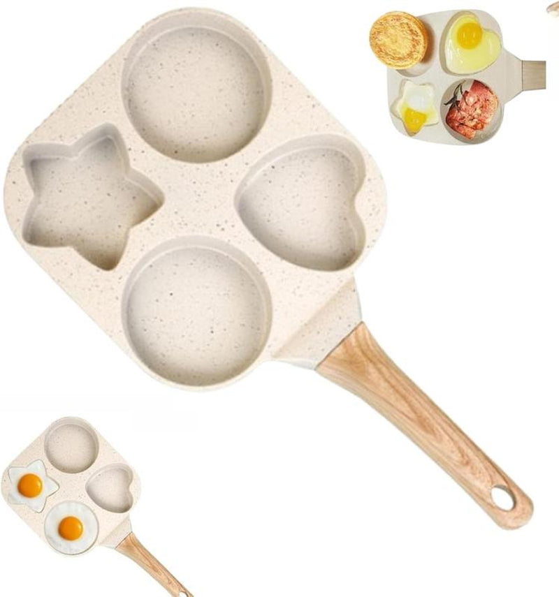 Non-Stick 4-Hole Star Egg Pan Cookware, Granite-Style Pancake Skillet with Wooden Handle, Small Frying Pan for Eggs, Omelets, Toast, Pancakes, Crepes, Sandwiches, Breakfast, Easy Clean, Kitchen Gadget, Multifunctional, Birthday Gift