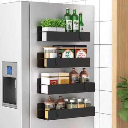 4-Pack Magnetic Spice Rack for Refrigerator & Oven – Metal Fridge Organizer with Hooks, Black Kitchen Storage Solution